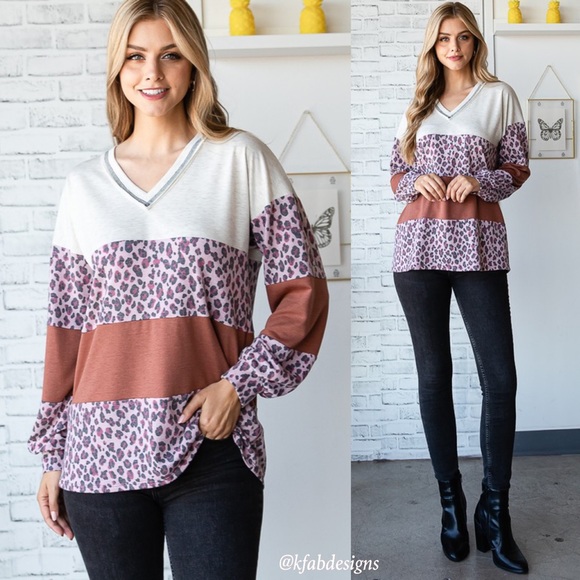 LAST 2! Soft V Neck Puff Sleeve Animal Contrast with Stitch Detail - Picture 6 of 12